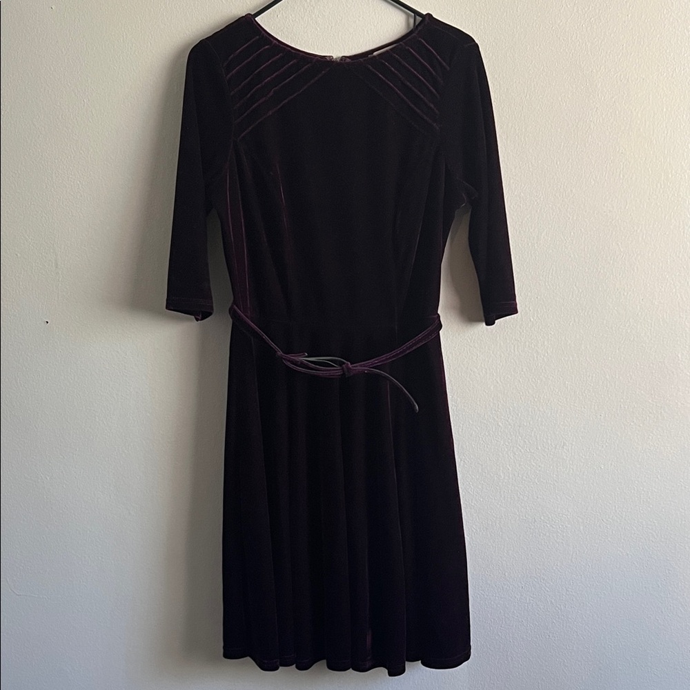 Unique Vintage Plum Velvet Long Sleeve Fit-and-Flare Dress